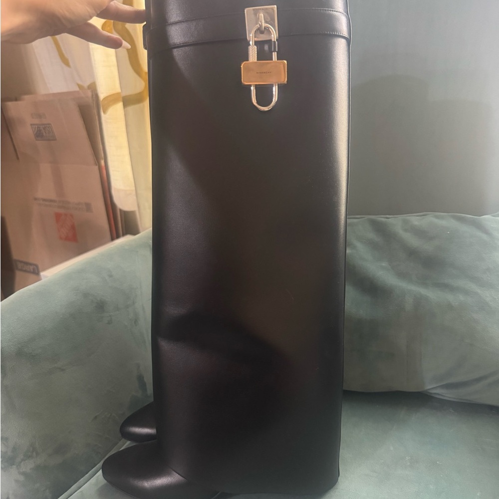 Givenchy Shark Black Tall Leather Boots with Gold Hardware